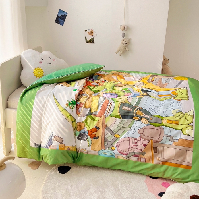 91家纺网 家纺一手货源 找家纺 梵赫 2025新款卡通全棉A类夹棉两用幼儿园儿童夏被被套 探索恐龙