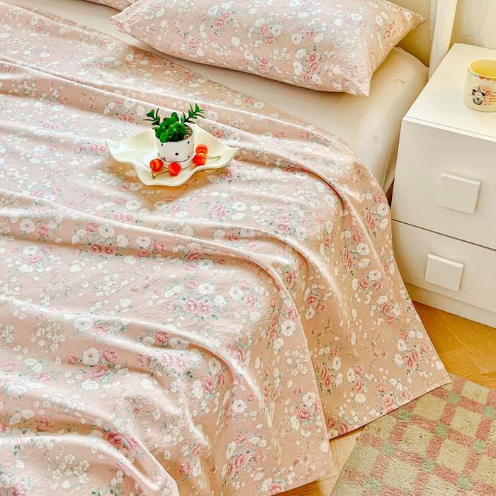 91家纺网 家纺一手货源 找家纺 优米家纺 2025新款ins小清新双层纱印花床单 梦回花海