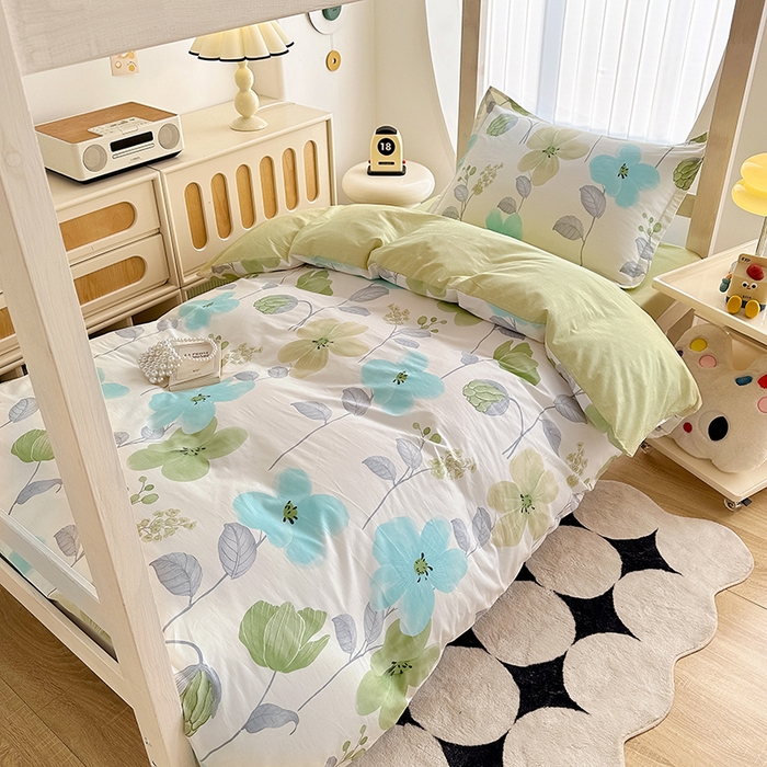 91家纺网 家纺一手货源 找家纺 卡普二店 2024新款爆款加厚卡通小清新全棉纯棉学生宿舍三件套床笠隔天可拿 花汀叶妤