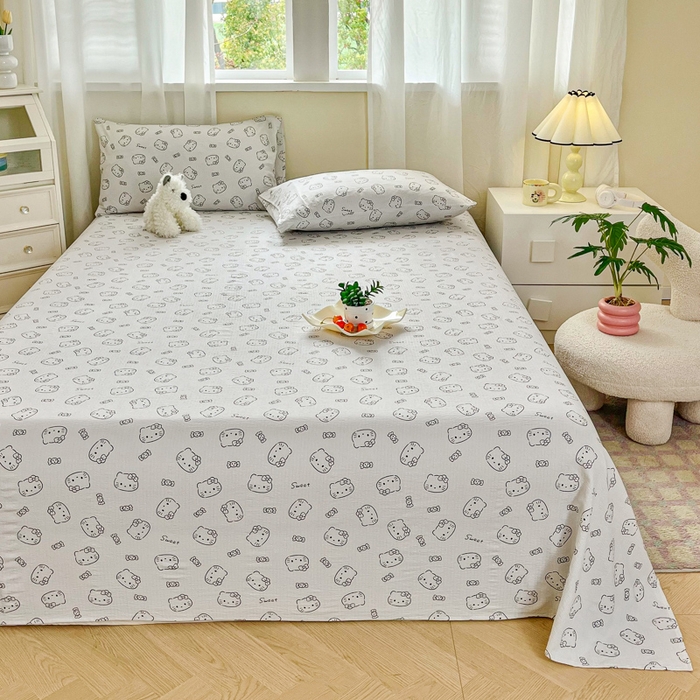 91家纺网 家纺一手货源 找家纺 优米家纺 2025新款ins小清新双层纱印花床单 奶猫