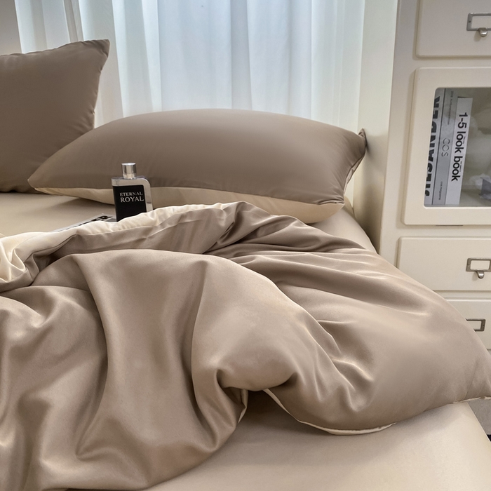 91家纺网 家纺一手货源 找家纺 乐沐家纺 2024新款夏季水洗冰丝四件套水洗真丝纯色双拼单被套-风格二 咖棕奶茶