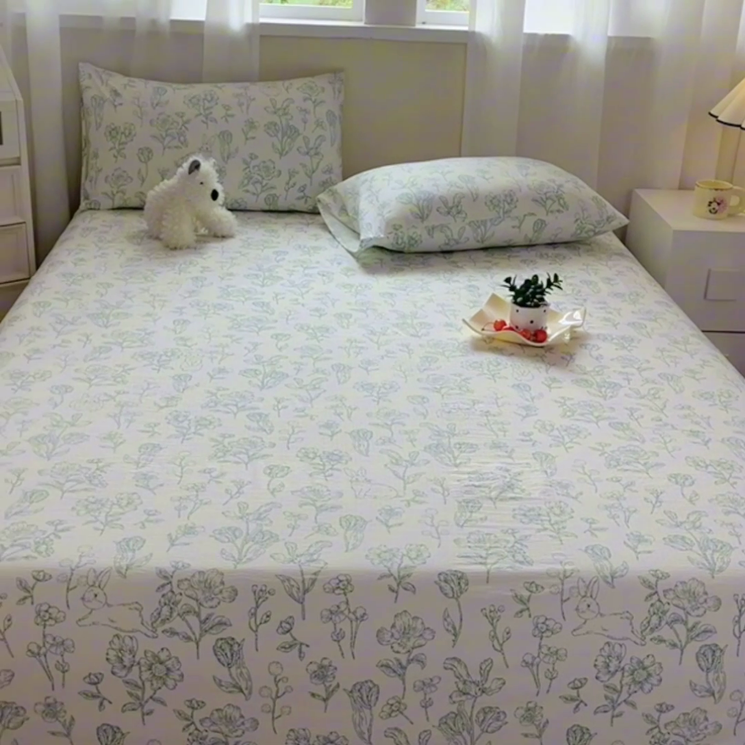 91家纺网 家纺一手货源 找家纺 优米家纺 2025新款ins小清新双层纱印花床单 午后蔷薇