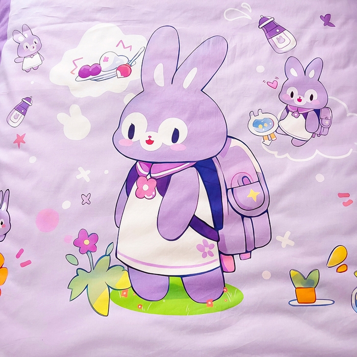 91家纺网 家纺一手货源 找家纺 梵赫 2025新款卡通全棉A类夹棉两用幼儿园儿童夏被被套 背包兔-紫