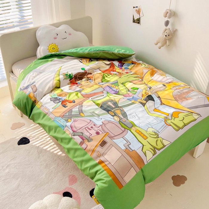 91家纺网 家纺一手货源 找家纺 梵赫 2025新款卡通全棉A类夹棉两用幼儿园儿童夏被被套 探索恐龙