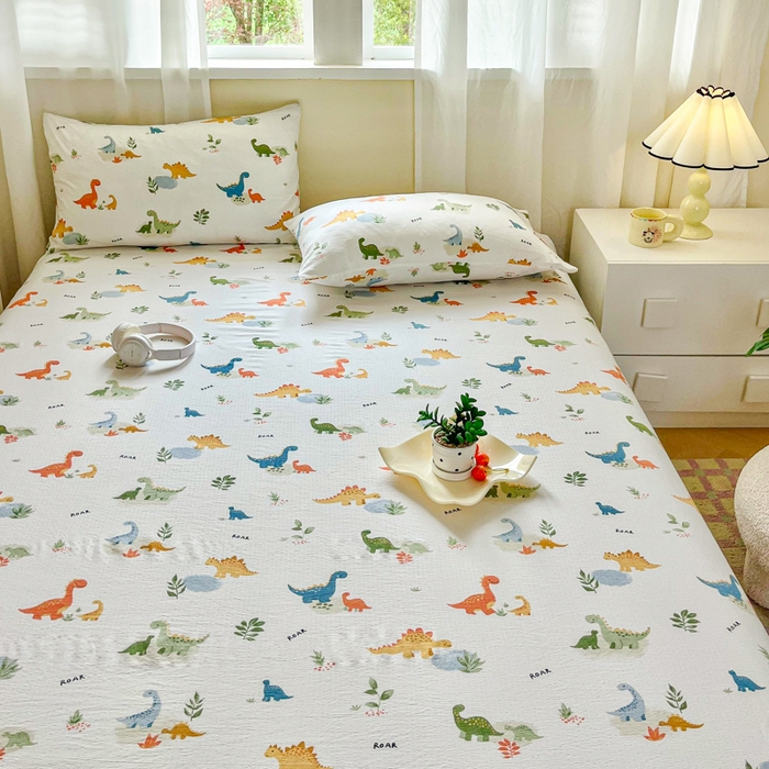 91家纺网 家纺一手货源 找家纺 优米家纺 2025新款ins小清新双层纱印花床单 恐龙乐园