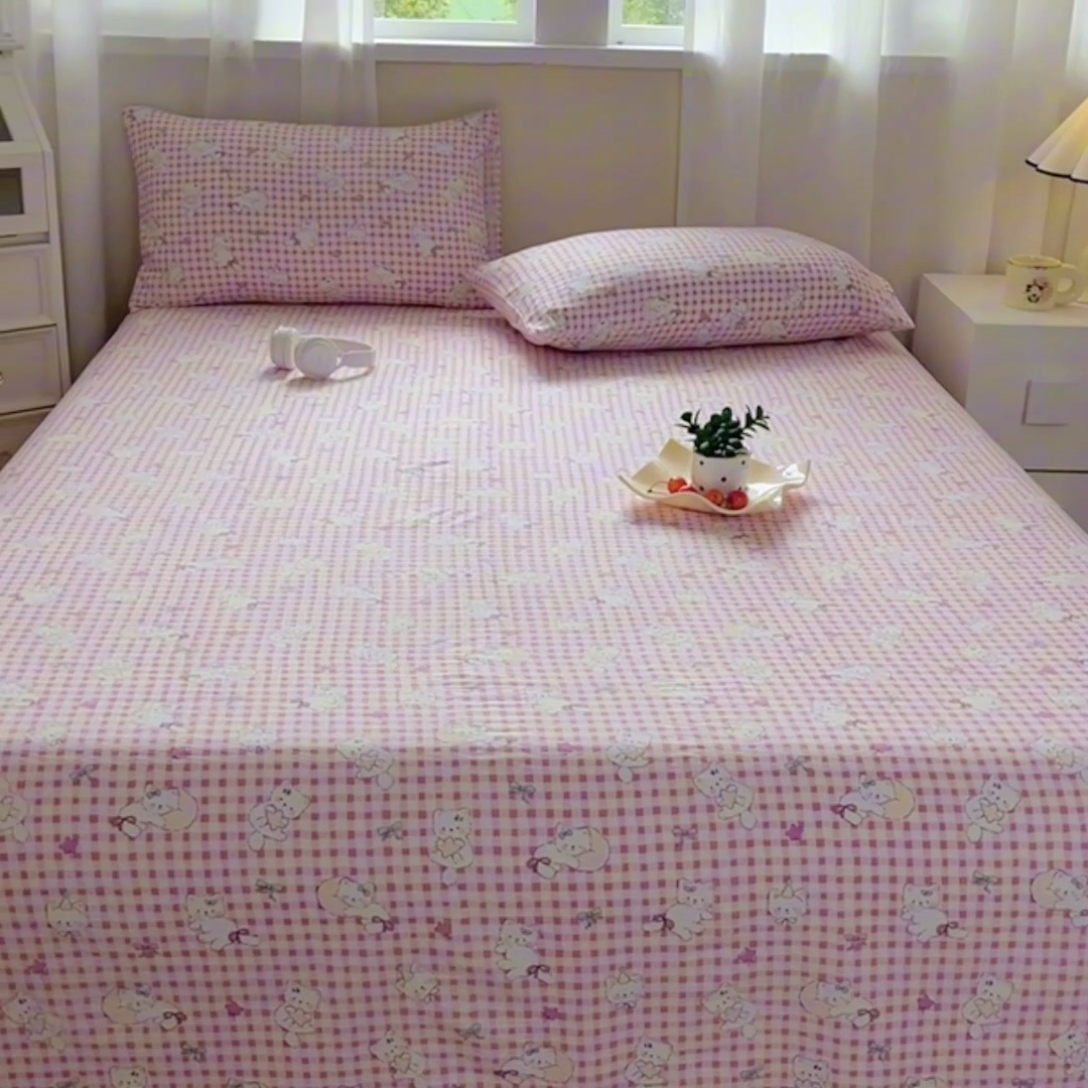 91家纺网 家纺一手货源 找家纺 优米家纺 2025新款ins小清新双层纱印花床单 格子猫咪