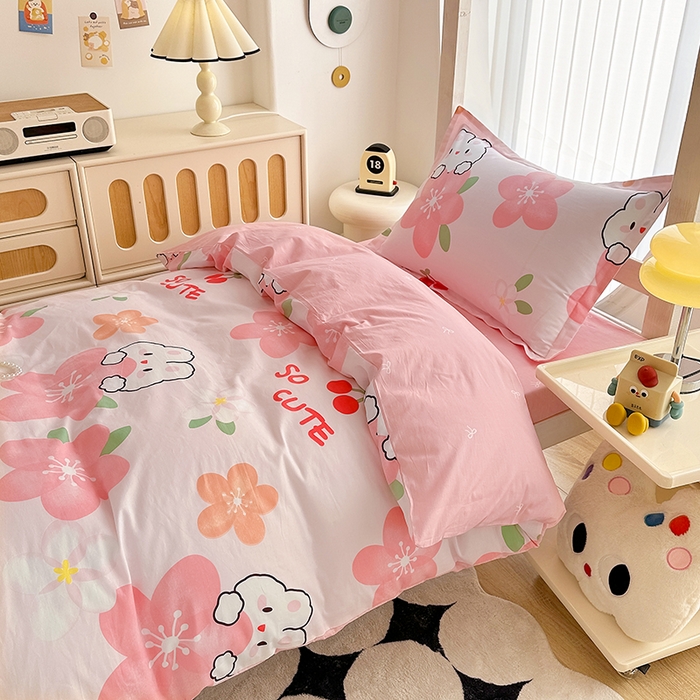 91家纺网 家纺一手货源 找家纺 卡普二店 2024新款爆款加厚卡通小清新全棉纯棉学生宿舍三件套床笠隔天可拿 花田小兔
