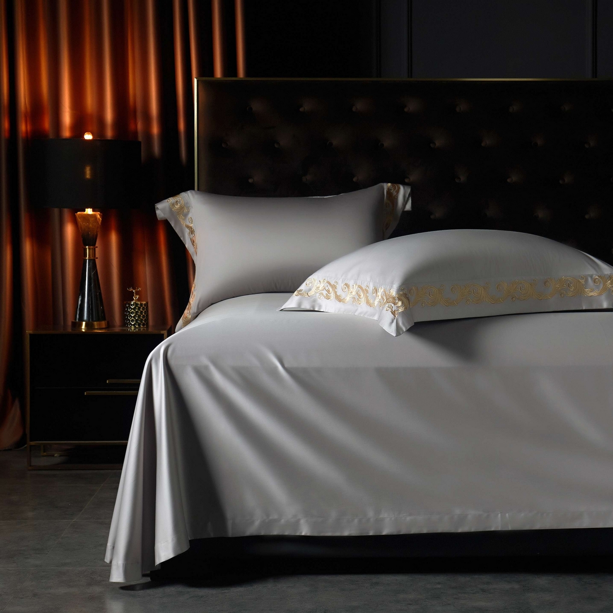 91家纺网 家纺一手货源 找家纺 缔缦 2025新款高端定织面料S140长绒棉精梳棉重磅刺绣四件套罗莎系列 高级灰