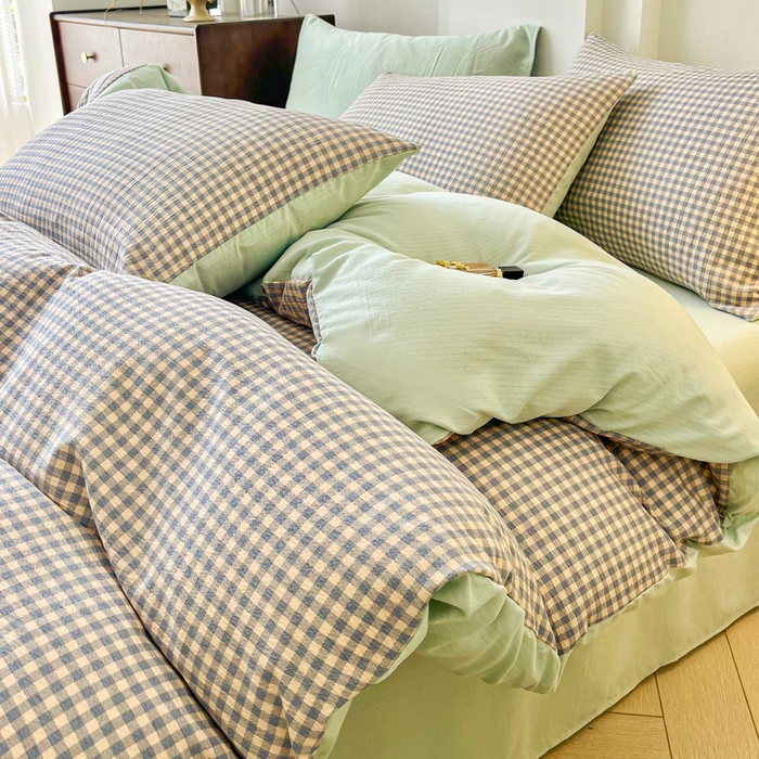 91家纺网 家纺一手货源 找家纺 优米家纺 2025新款色织双层纱木棉四件套 雾霾蓝+香草绿