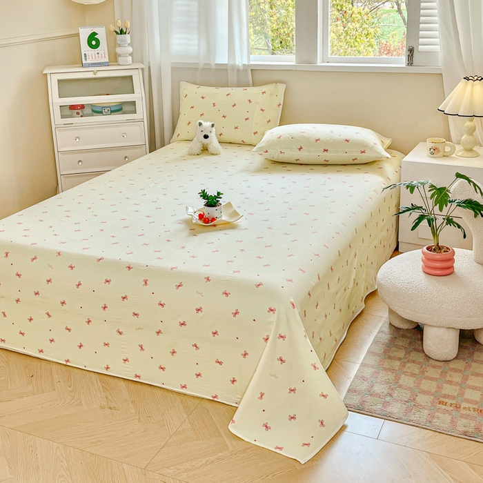 91家纺网 家纺一手货源 找家纺 优米家纺 2025新款ins小清新双层纱印花床单 蝴蝶结