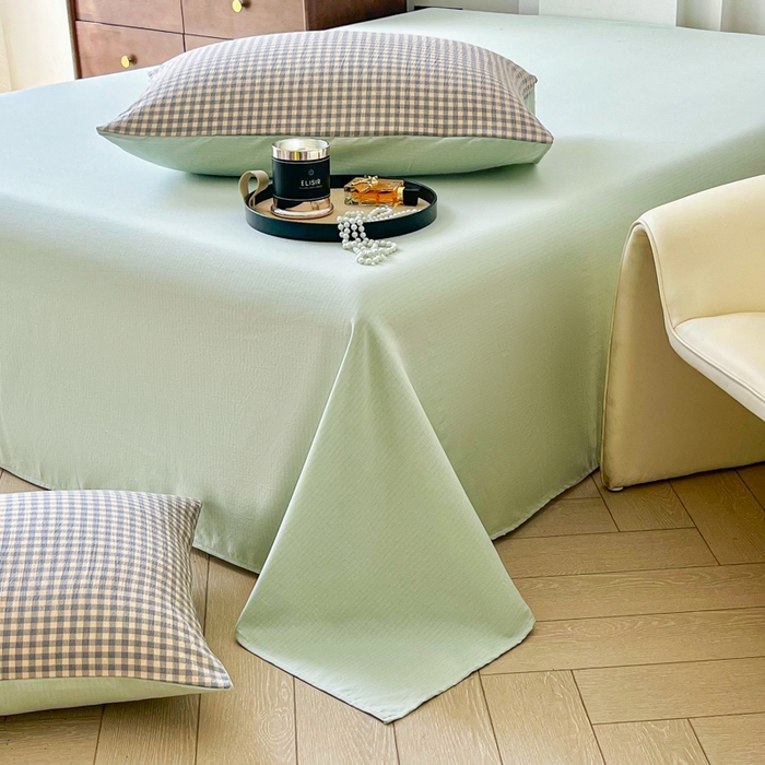 91家纺网 家纺一手货源 找家纺 优米家纺 2025新款色织双层纱木棉四件套 雾霾蓝+香草绿