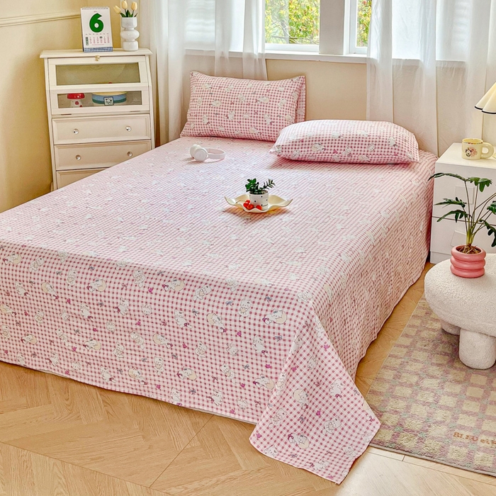 91家纺网 家纺一手货源 找家纺 优米家纺 2025新款ins小清新双层纱印花床单 格子猫咪