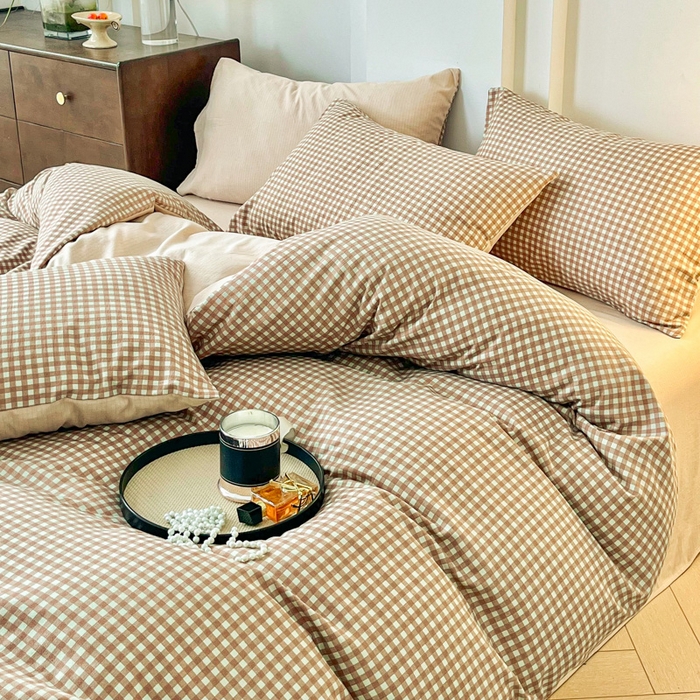 91家纺网 家纺一手货源 找家纺 优米家纺 2025新款色织双层纱木棉四件套 奶咖小格