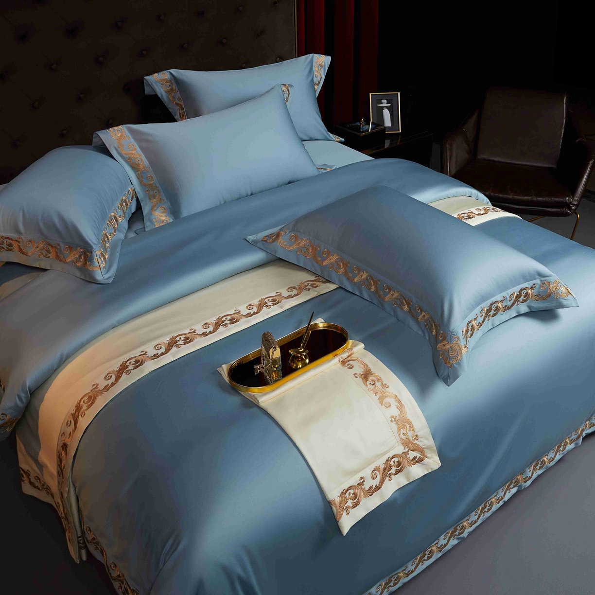 91家纺网 家纺一手货源 找家纺 缔缦 2025新款高端定织面料S140长绒棉精梳棉重磅刺绣四件套罗莎系列 罗莎 兰