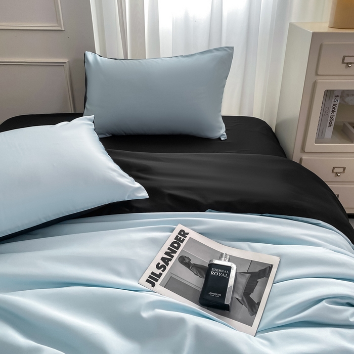 91家纺网 家纺一手货源 找家纺 乐沐家纺 2024新款夏季水洗冰丝四件套水洗真丝纯色双拼单被套-风格二 天蓝墨黑