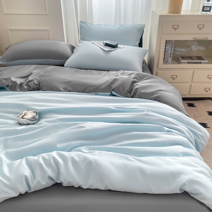 91家纺网 家纺一手货源 找家纺 乐沐家纺 2024新款夏季水洗冰丝四件套水洗真丝纯色双拼单被套-风格二 天空蓝灰