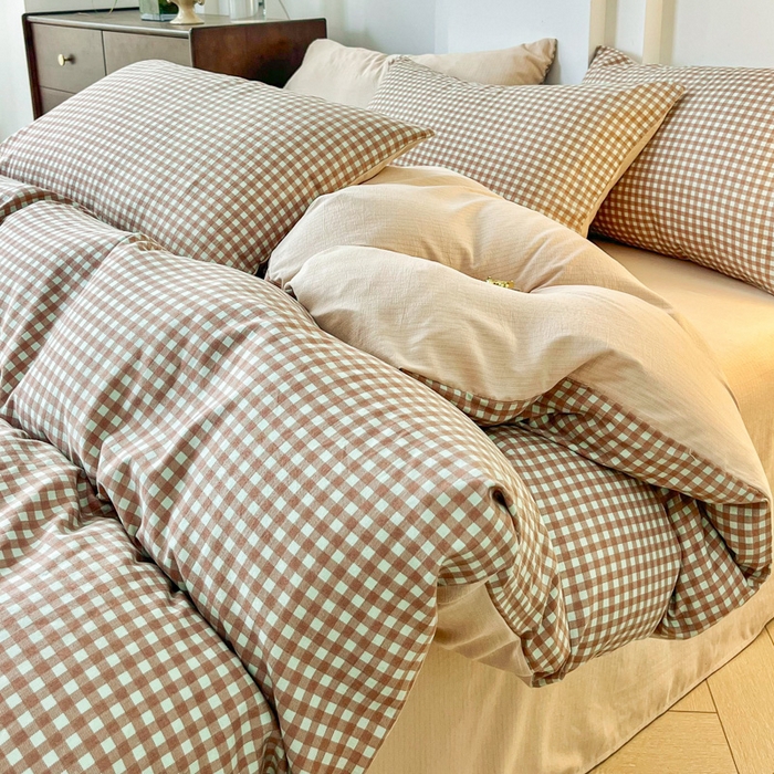 91家纺网 家纺一手货源 找家纺 优米家纺 2025新款色织双层纱木棉四件套 奶咖小格