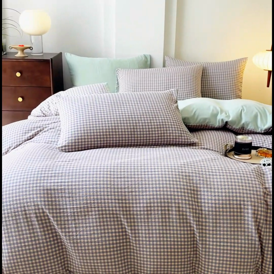 91家纺网 家纺一手货源 找家纺 优米家纺 2025新款色织双层纱木棉四件套 雾霾蓝+香草绿