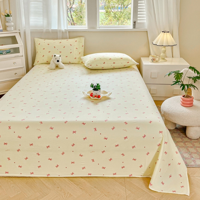 91家纺网 家纺一手货源 找家纺 优米家纺 2025新款ins小清新双层纱印花床单 蝴蝶结