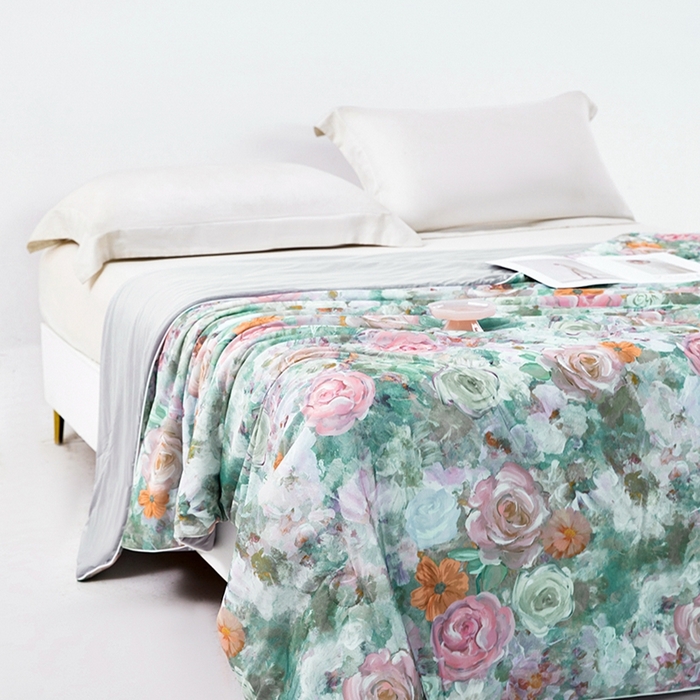 91家纺网 家纺一手货源 找家纺 小鱼儿家纺 2025新款A类母婴级凉感丝夏被锦氨面料凉感空调被单人双人夏凉被可机洗被子被芯 油墨花卉