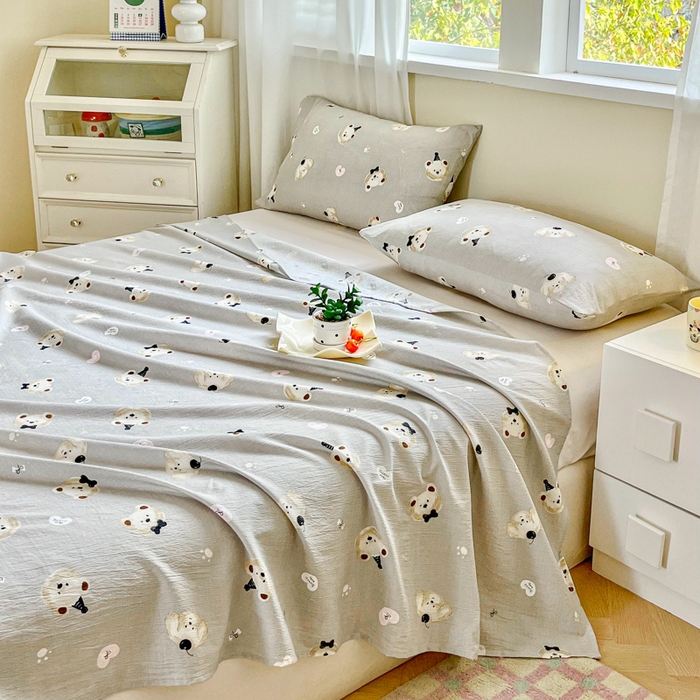 91家纺网 家纺一手货源 找家纺 优米家纺 2025新款ins小清新双层纱印花床单 爱心熊