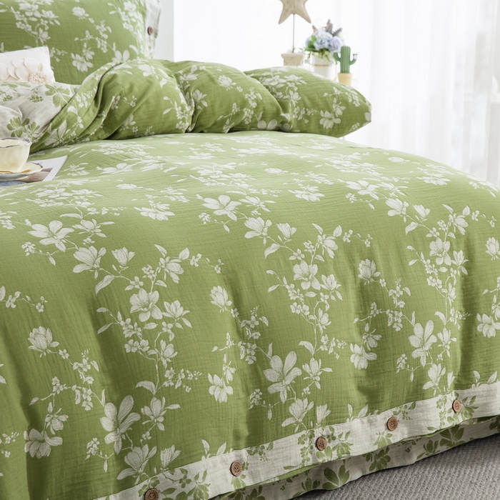 91家纺网 家纺一手货源 找家纺 鲁爱家纺供货 2025新款全棉色织双层纱纽扣四件套 喜上眉梢-绿