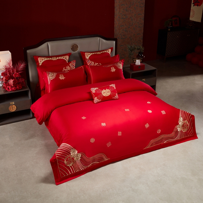 91家纺网 家纺一手货源 找家纺 振翼家纺婚庆专供 2025新款全棉长绒棉婚庆精致绣花四件套 喜相连金