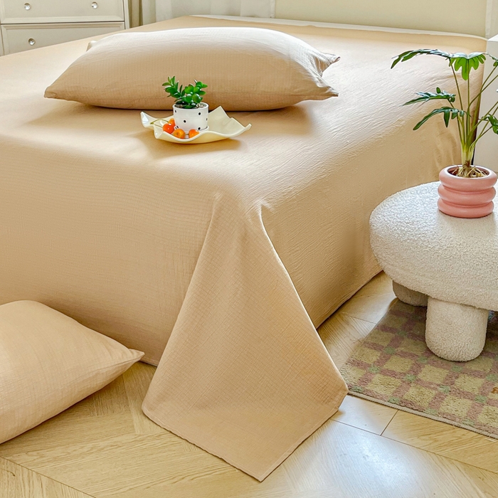 91家纺网 家纺一手货源 找家纺 优米家纺 2025新款ins小清新双层纱印花床单 焦糖