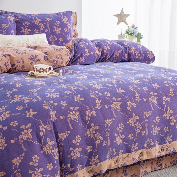 91家纺网 家纺一手货源 找家纺 鲁爱家纺供货 2025新款全棉色织双层纱纽扣四件套 春晖-紫罗兰