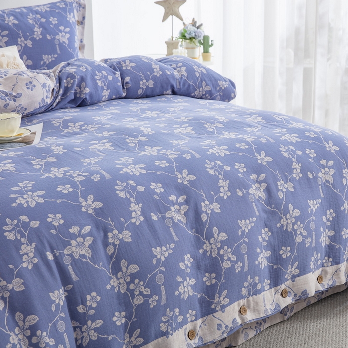 91家纺网 家纺一手货源 找家纺 鲁爱家纺供货 2025新款全棉色织双层纱纽扣四件套 春晖-浅兰