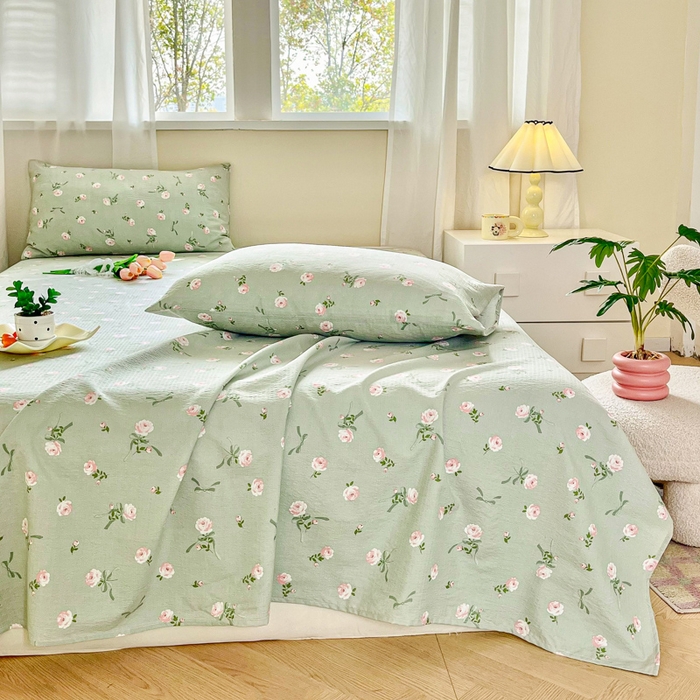 91家纺网 家纺一手货源 找家纺 优米家纺 2025新款ins小清新双层纱印花床单 午后蔷薇