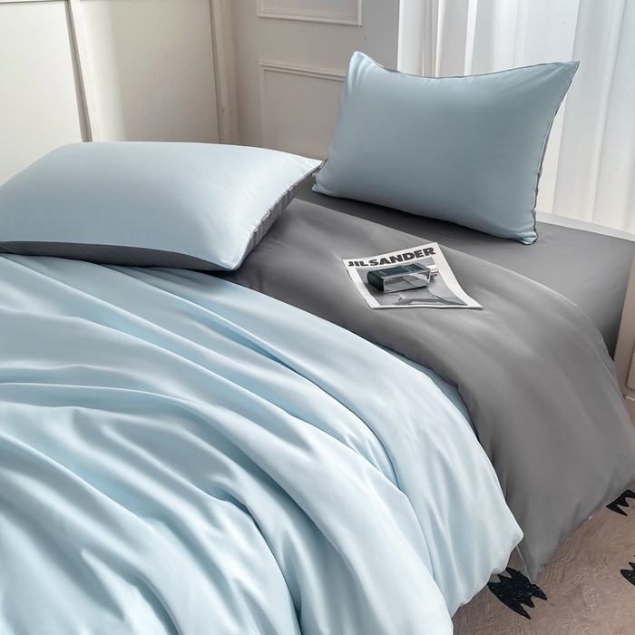 91家纺网 家纺一手货源 找家纺 乐沐家纺 2024新款夏季水洗冰丝四件套水洗真丝纯色双拼单被套-风格二 天空蓝灰