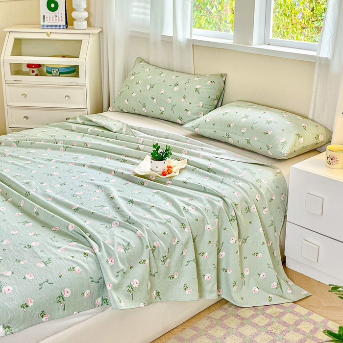 91家纺网 家纺一手货源 找家纺 优米家纺 2025新款ins小清新双层纱印花床单 午后蔷薇