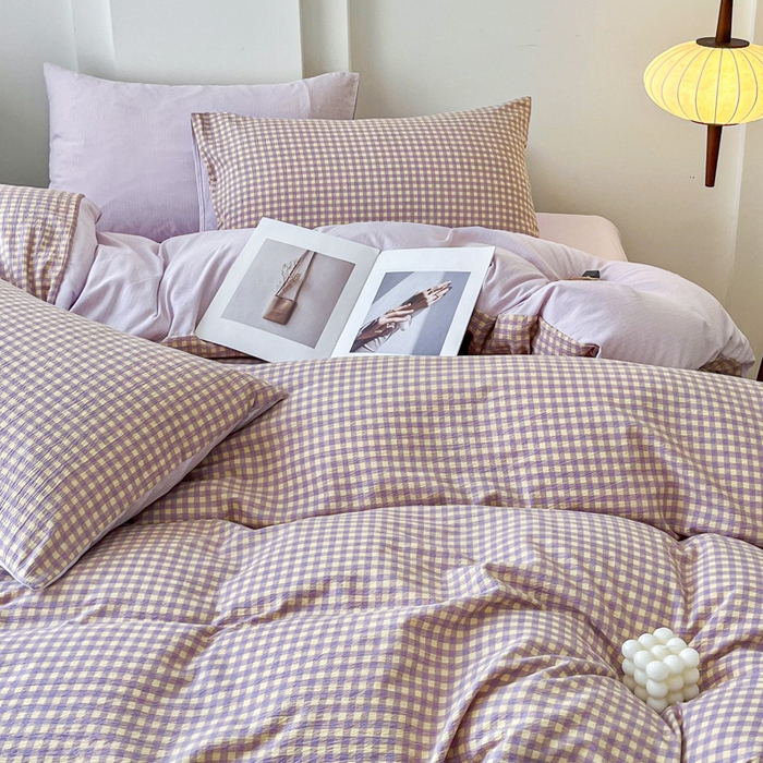 91家纺网 家纺一手货源 找家纺 优米家纺 2025新款色织双层纱木棉四件套 薰衣草紫+浅黄