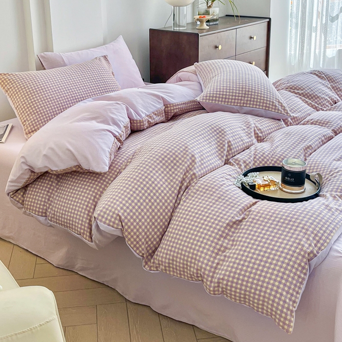 91家纺网 家纺一手货源 找家纺 优米家纺 2025新款色织双层纱木棉四件套 薰衣草紫+浅黄