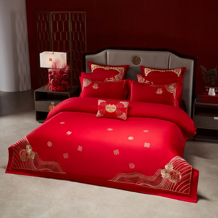 91家纺网 家纺一手货源 找家纺 振翼家纺婚庆专供 2025新款全棉长绒棉婚庆精致绣花四件套 喜相连金