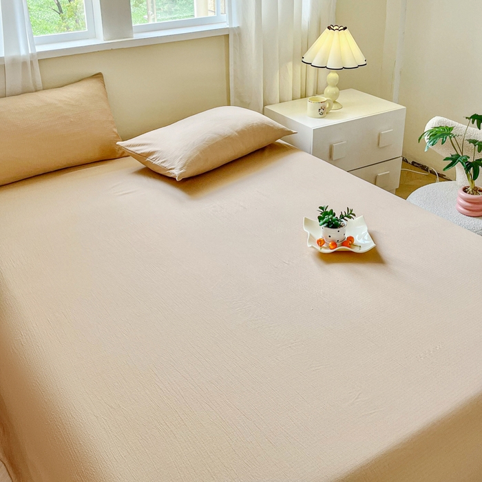 91家纺网 家纺一手货源 找家纺 优米家纺 2025新款ins小清新双层纱印花床单 焦糖