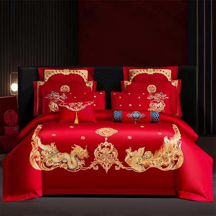 振翼家纺婚庆专供 2025新款全棉长绒棉婚庆精致绣花四件套 龙凤相约