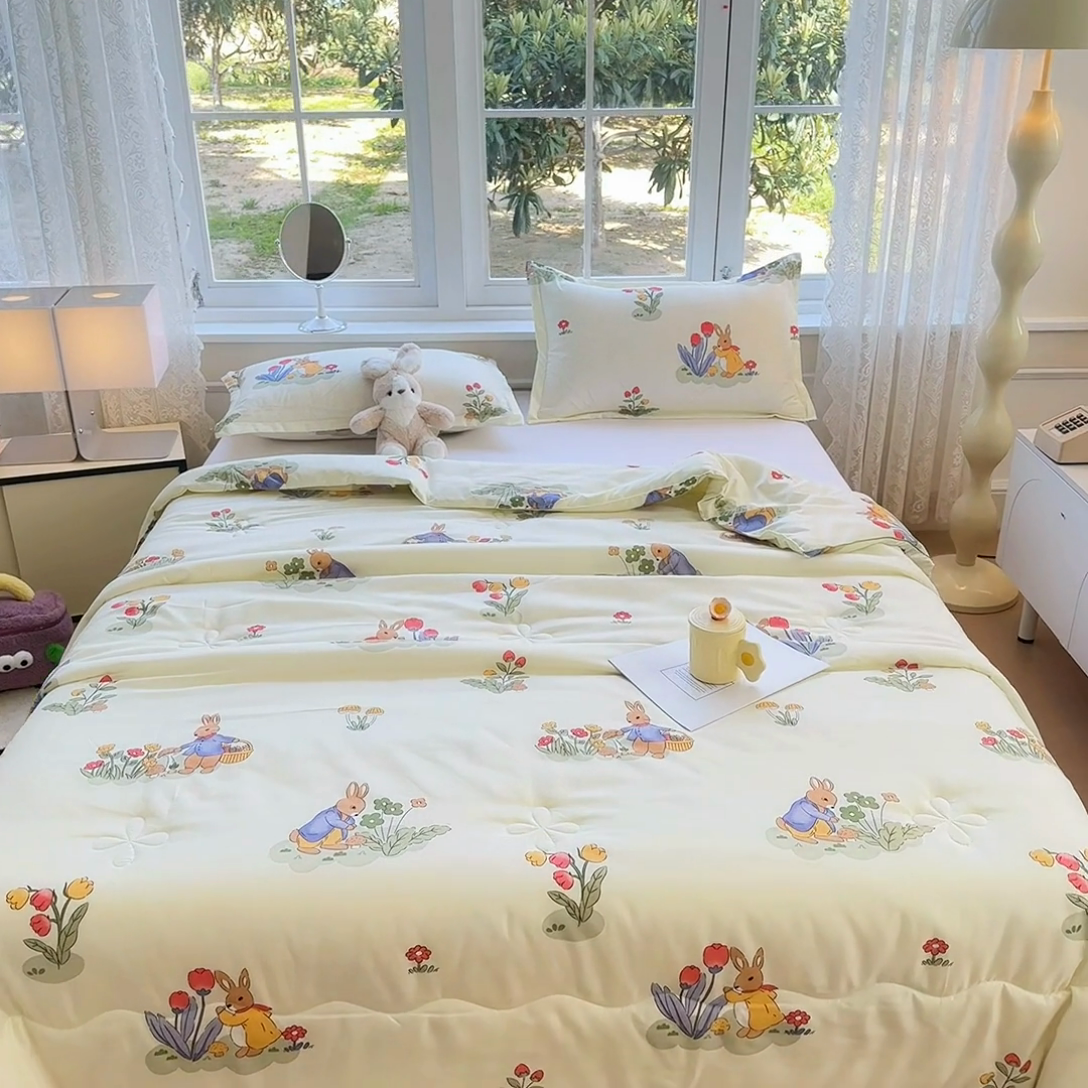 91家纺网 家纺一手货源 找家纺 友承家纺 2025新款A类母婴级大豆夏被夏凉被空调被 花丛兔