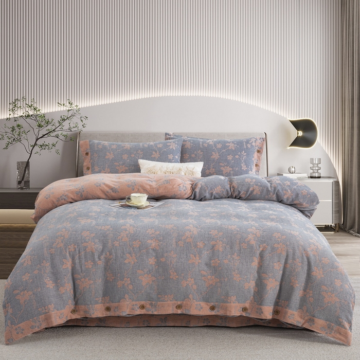 91家纺网 家纺一手货源 找家纺 鲁爱家纺供货 2025新款全棉色织双层纱纽扣四件套 春晖-粉灰