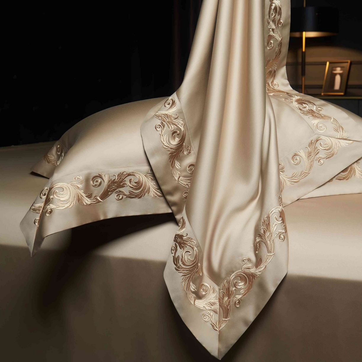 91家纺网 家纺一手货源 找家纺 缔缦 2025新款高端定织面料S140长绒棉精梳棉重磅刺绣四件套罗莎系列 卡其