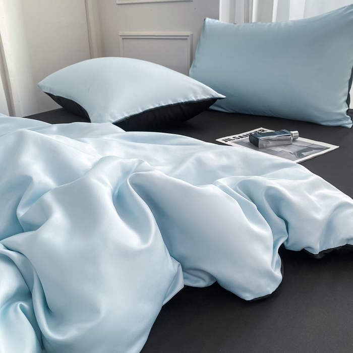 91家纺网 家纺一手货源 找家纺 乐沐家纺 2024新款夏季水洗冰丝四件套水洗真丝纯色双拼单被套-风格二 天蓝墨黑