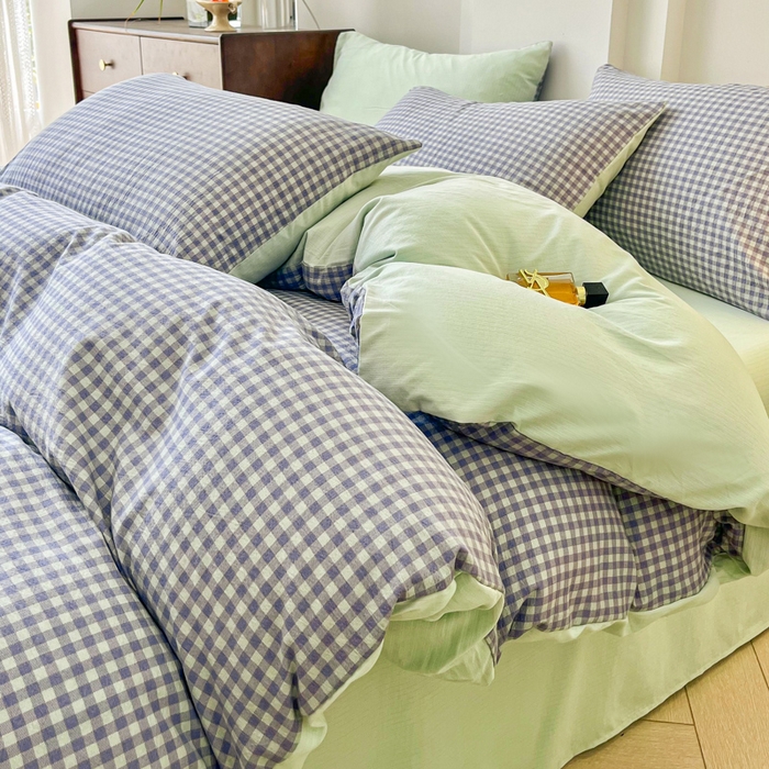 91家纺网 家纺一手货源 找家纺 优米家纺 2025新款色织双层纱木棉四件套 淡雅蓝+香草绿