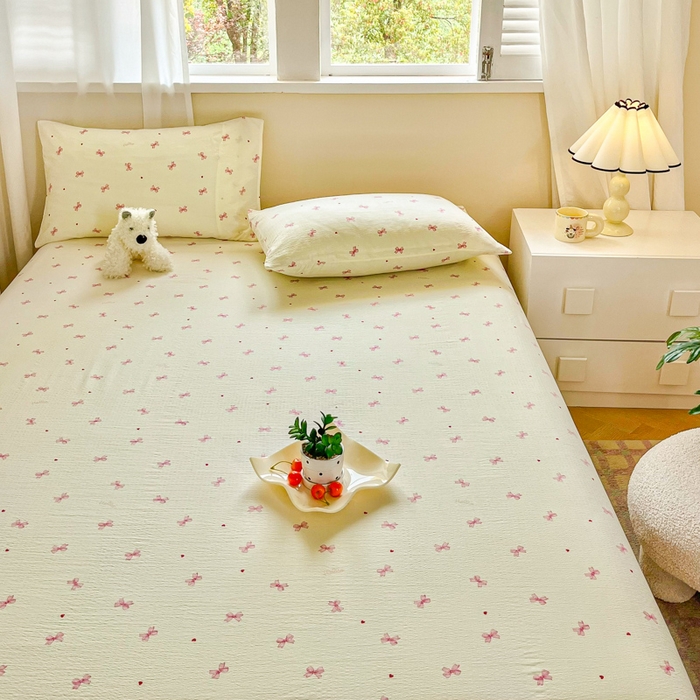 91家纺网 家纺一手货源 找家纺 优米家纺 2025新款ins小清新双层纱印花床单 蝴蝶结