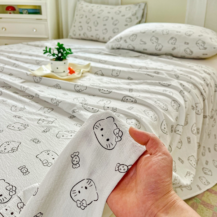 91家纺网 家纺一手货源 找家纺 优米家纺 2025新款ins小清新双层纱印花床单 奶猫