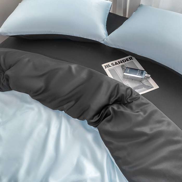 91家纺网 家纺一手货源 找家纺 乐沐家纺 2024新款夏季水洗冰丝四件套水洗真丝纯色双拼单被套-风格二 天蓝墨黑