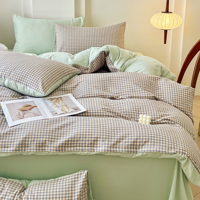 91家纺网 家纺一手货源 找家纺 优米家纺 2025新款色织双层纱木棉四件套 雾霾蓝+香草绿