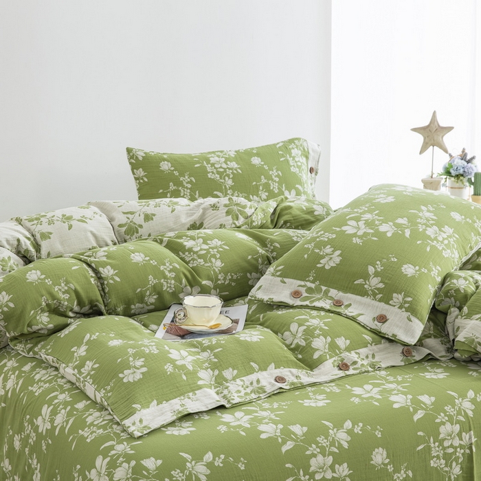 91家纺网 家纺一手货源 找家纺 鲁爱家纺供货 2025新款全棉色织双层纱纽扣四件套 喜上眉梢-绿