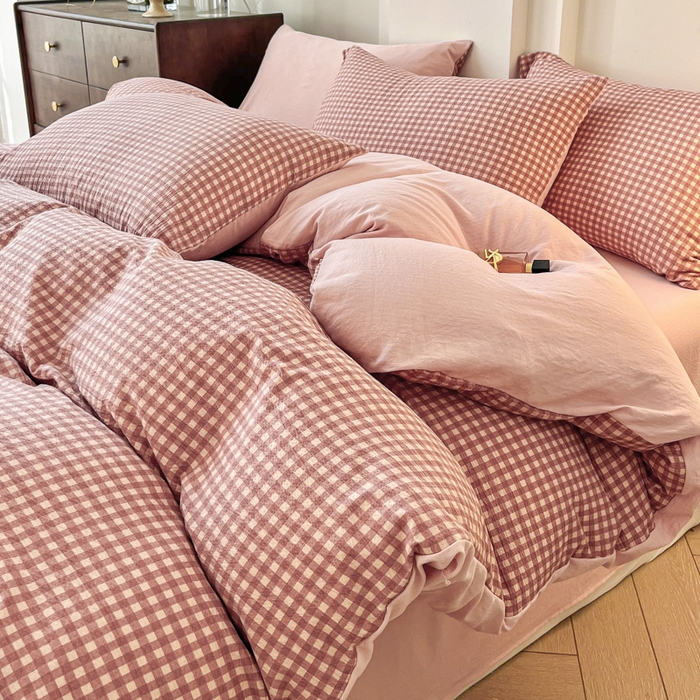 91家纺网 家纺一手货源 找家纺 优米家纺 2025新款色织双层纱木棉四件套 奶油粉格