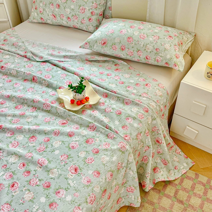 91家纺网 家纺一手货源 找家纺 优米家纺 2025新款ins小清新双层纱印花床单 牡丹花开